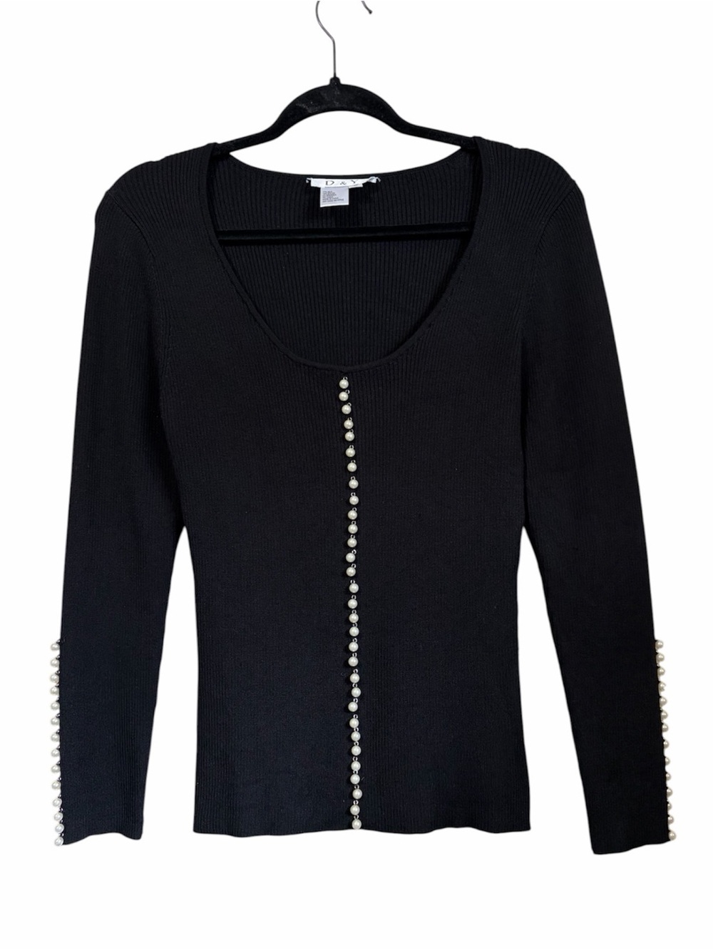 D&Y Silk Blend Pearl Trim Black Ribbed Knit Scoop Neck Top Large Chic